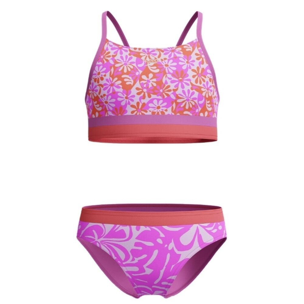 NWT Speedo Girl's Swimsuit Two Piece Bikini Swimsuit Set Neon Violet Pink - 8